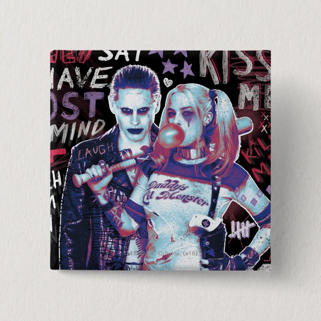 Bóton Quadrado 5.08cm Suicide Squad | Joker & Harley Typography Photo (Frente)