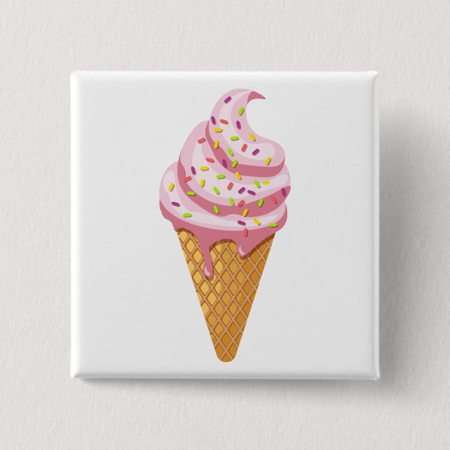 Bóton Quadrado 5.08cm Sundae de morango em cone de waffle com cobertura (Frente)