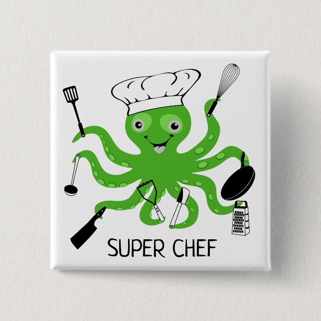 Bóton Quadrado 5.08cm Super Chef Green Octopus Personalize (Frente)