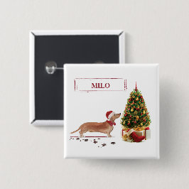 Bóton Quadrado 5.08cm Tan Dachshund Engraçado Cachorro de Natal com Árvo