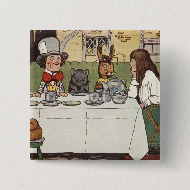 Bóton Quadrado 5.08cm Tea party louco do Hatter (Frente)
