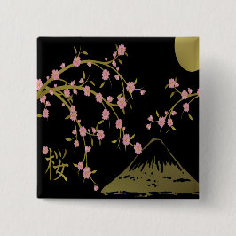 Bóton Quadrado 5.08cm Tela Dourada Black Japonesa Rosa Sakura