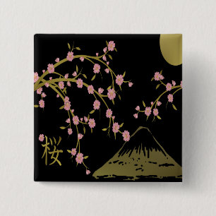 Bóton Quadrado 5.08cm Tela Japonesa Rosa Sakura Dourado Preto