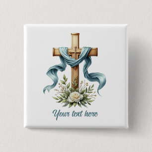 Bóton Quadrado 5.08cm Texto de adição da Cruz Religiosa