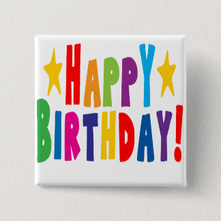 Bóton Quadrado 5.08cm Texto feliz de aniversário colorido