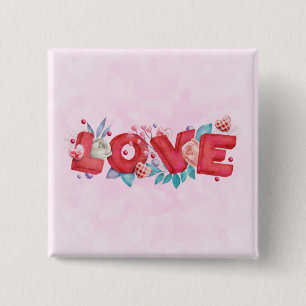 Bóton Quadrado 5.08cm Texto Red Love em Bold Block Letters Watercolor