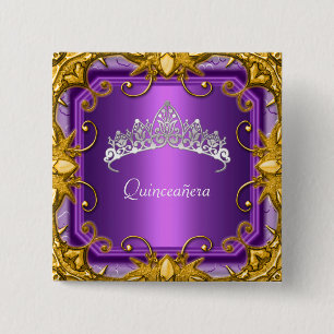 Bóton Quadrado 5.08cm Tiara Roxa de Aniversário de Quinceanera