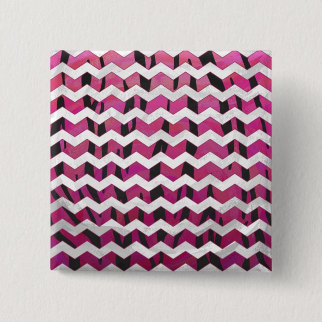 Bóton Quadrado 5.08cm Tigre Chevron, Rosa Quente e Impressão Preto (Frente)