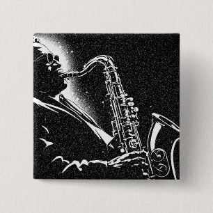 Bóton Quadrado 5.08cm Toca Saxofone no Estilo Gráfico BW dos Anos 50