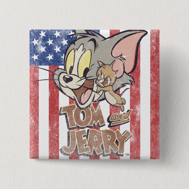 Bóton Quadrado 5.08cm Tom & Jerry com bandeira dos EUA (Frente)
