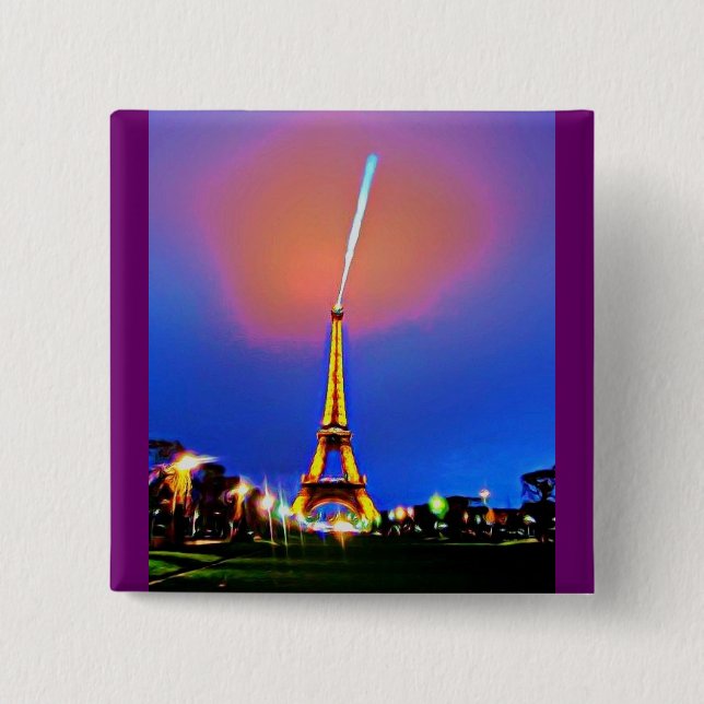 Bóton Quadrado 5.08cm Torre Eiffel Em Pintura Noturna (Frente)