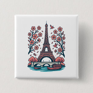 Bóton Quadrado 5.08cm Torre Eiffel, Torre de Souvenir, Paris, Árvore Cer