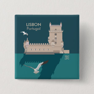 Bóton Quadrado 5.08cm Torre Lisboa de Belem no estilo do poster vintage