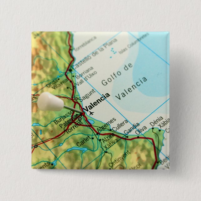 Bóton Quadrado 5.08cm Trace com o pino que aponta à cidade de Valência (Frente)