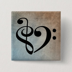 Bóton Quadrado 5.08cm Treble Clef Bass Clef Heart Vintage Sheet Music