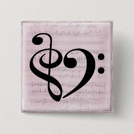 Bóton Quadrado 5.08cm Treble Clef Bass Clef Heart Vintage Sheet Music