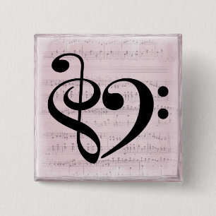 Bóton Quadrado 5.08cm Treble Clef Bass Clef Heart Vintage Sheet Music
