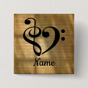 Bóton Quadrado 5.08cm Treble Clef Bass Clef Music Heart Personalizado
