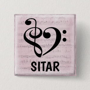 Bóton Quadrado 5.08cm Treble Clef Bass Clef Musical Heart Sitar