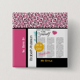 Bóton Quadrado 5.08cm Trendy Fashion Newsprint Pink Leopard e nome
