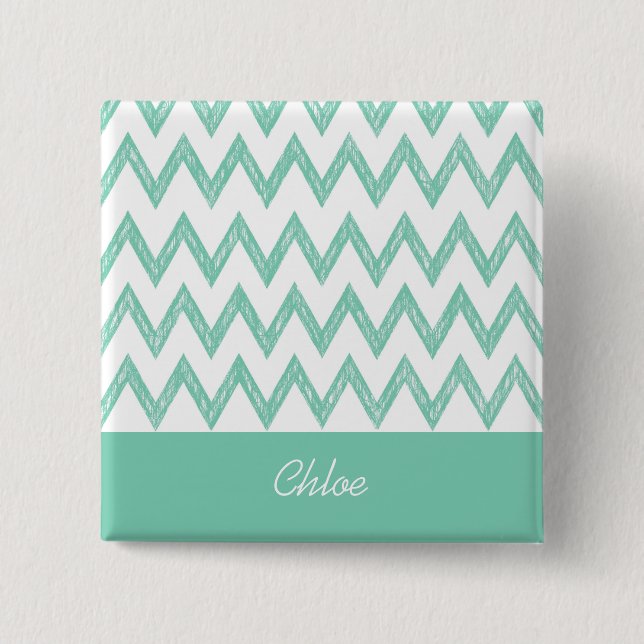 Bóton Quadrado 5.08cm Trendy Pencil Mint Green Chevron Zigzags Com Nome (Frente)