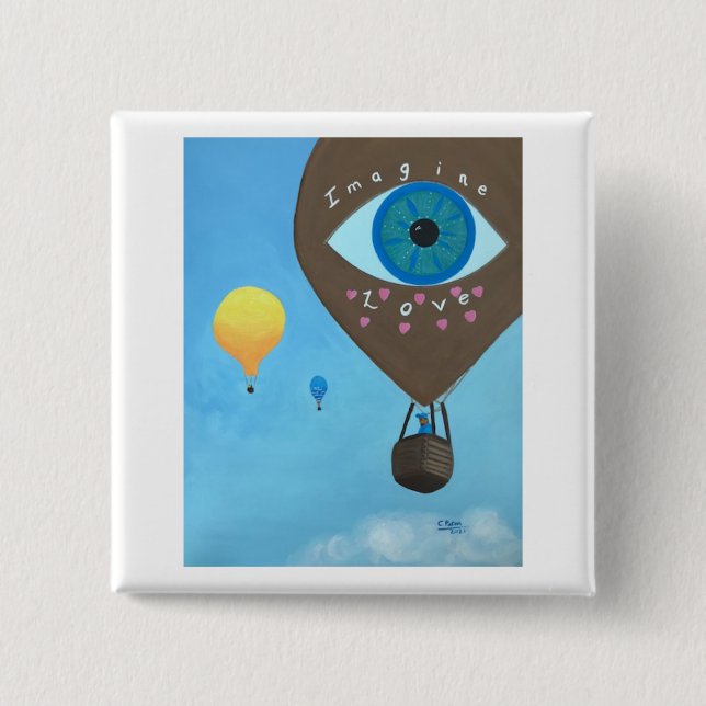 Bóton Quadrado 5.08cm Três Balões de Ar Quente Imagine Botões De Amor (Frente)