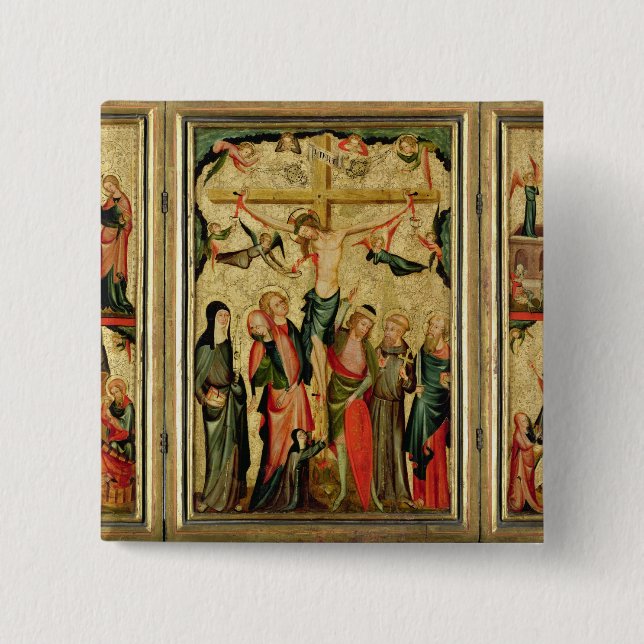 Bóton Quadrado 5.08cm Triptych que descreve a crucificação do cristo (Frente)