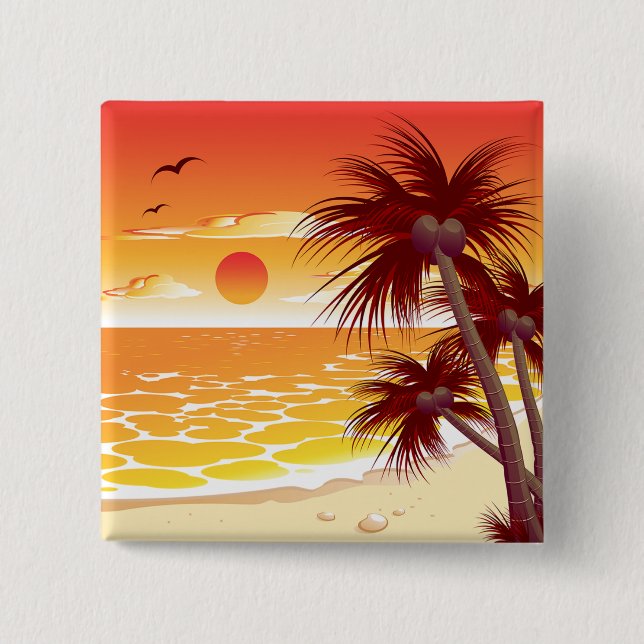 Bóton Quadrado 5.08cm Tropical Sunset Beach Palm Tree Island (Frente)