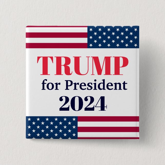 Bóton Quadrado 5.08cm TRUMP para o Presidente 2024-American Flag Button (Frente)