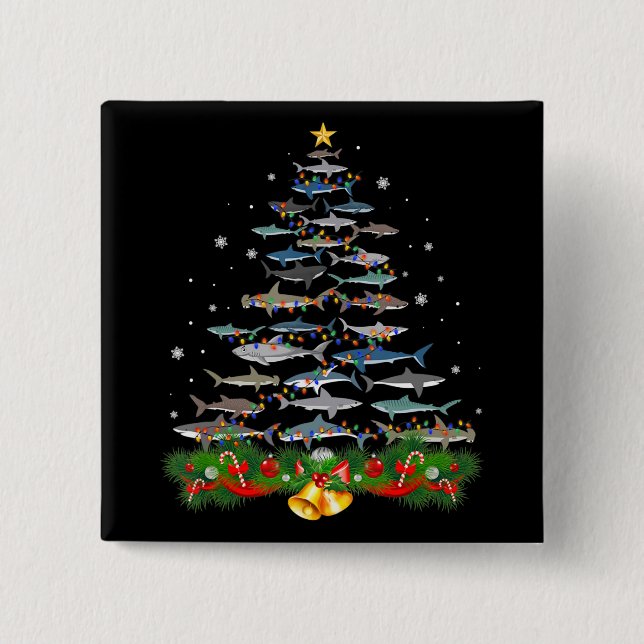 Bóton Quadrado 5.08cm Tubarões de Natal com tubarão dão presentes a mulh (Frente)