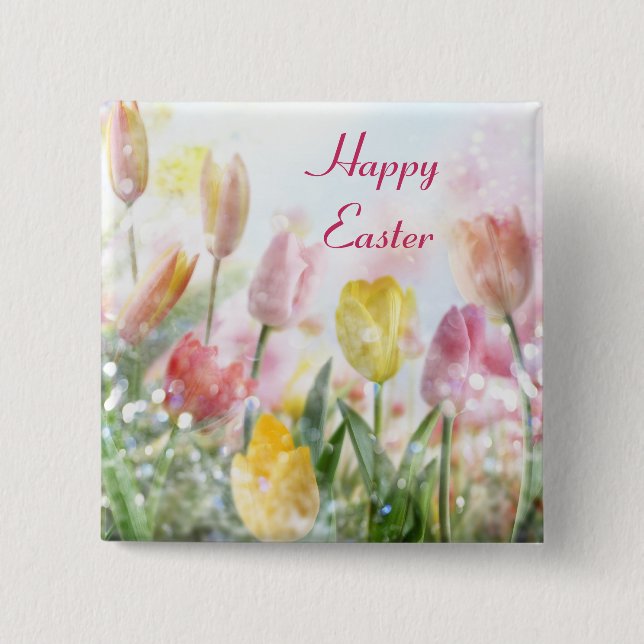 Bóton Quadrado 5.08cm Tulipas de Páscoa de Pastel (Frente)