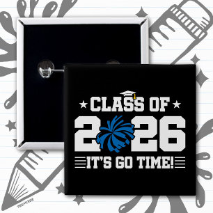 Bóton Quadrado 5.08cm Turma de 2026 Blue Cheer Graduação É Hora de Ir