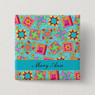 Bóton Quadrado 5.08cm Turquoise Blue Patchwork Quilt Blocks Name Crachá