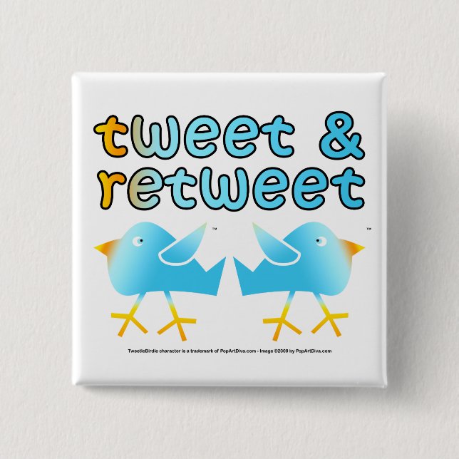 Bóton Quadrado 5.08cm Tweet e botões de Retweet (Frente)