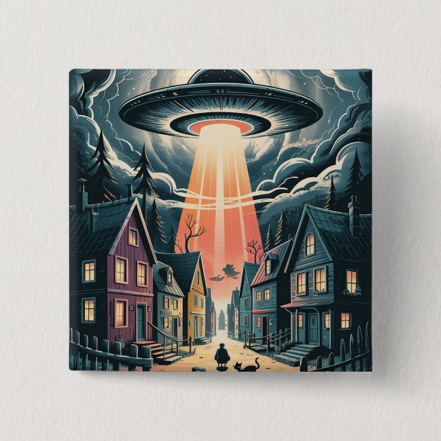 Bóton Quadrado 5.08cm UFO Abduction Night Street Illustration (Frente)