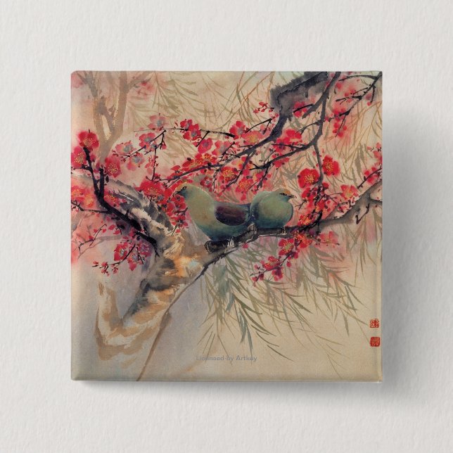 Bóton Quadrado 5.08cm Um casal no primavera (Frente)