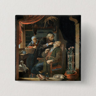 Bóton Quadrado 5.08cm Um dentista que examina o dente de um ancião (óleo