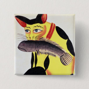 Bóton Quadrado 5.08cm Um gato com um peixe em sua boca, do Rudyard K