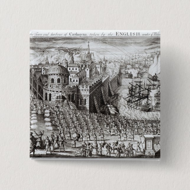 Bóton Quadrado 5.08cm Uma perspectiva da cidade e do porto (Frente)