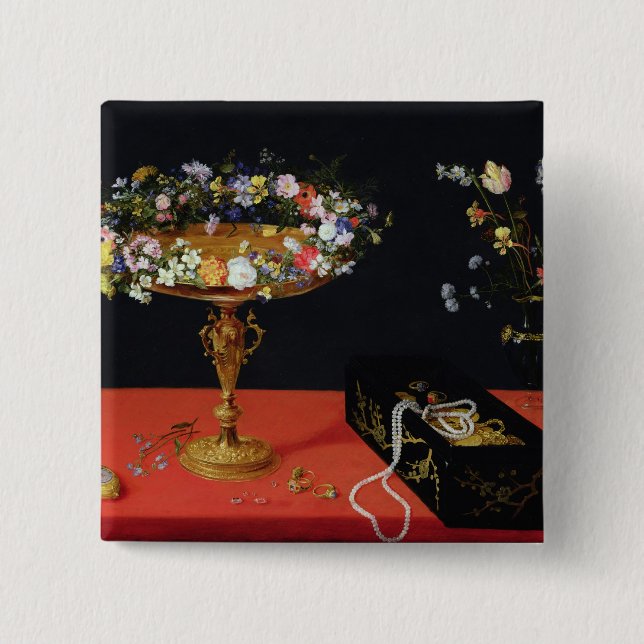 Bóton Quadrado 5.08cm Uma vida imóvel de um Tazza com flores (Frente)