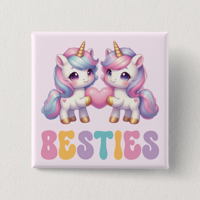 Bóton Quadrado 5.08cm Unicorn Besties Melhores Amigos para Sempre (Frente)