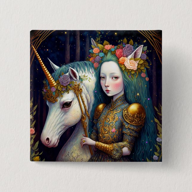 Bóton Quadrado 5.08cm Unicorn e Lady Fantasy Art (Frente)