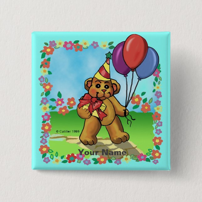 Bóton Quadrado 5.08cm Urso de festa de aniversário (Frente)