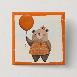 Bóton Quadrado 5.08cm Urso de Vestido de Xadrez Laranja com Arco de cabe