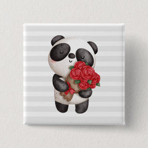 Bóton Quadrado 5.08cm Urso Panda Bonito com Rose Bouquet