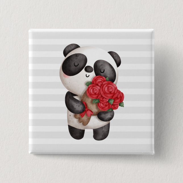 Bóton Quadrado 5.08cm Urso Panda Bonito com Rose Bouquet (Frente)