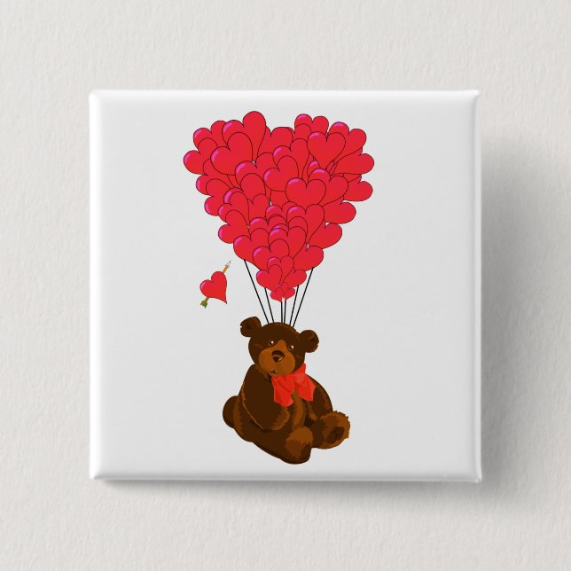 Bóton Quadrado 5.08cm Ursos de pelúcia e balões cardíacos (Frente)