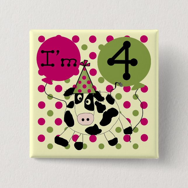Bóton Quadrado 5.08cm Vaca rosa 4º Camisetas e presentes de aniversário (Frente)