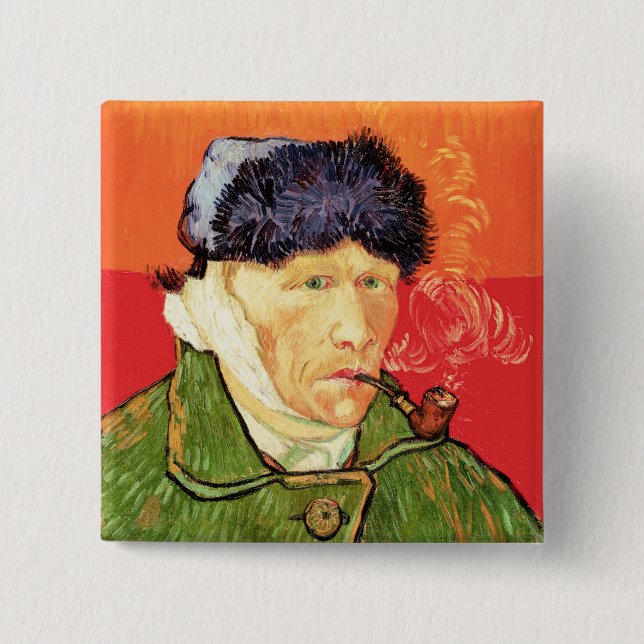 Bóton Quadrado 5.08cm Van Gogh - Autorretrato com Ouvido e Pipe Bandados (Frente)
