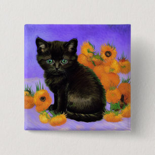Bóton Quadrado 5.08cm Van Gogh Black Kitten com Girassóis